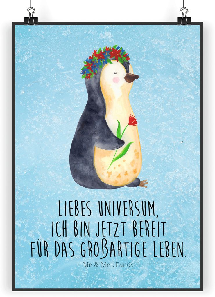 Mr. & Mrs. Panda Bild Pinguin Blumen DIN A4 - Eisblau - Geschenk, Wandbild, Leben, drucke, Geschenkidee, kunstdruck poster, Plakat, Positiv, Ziele
