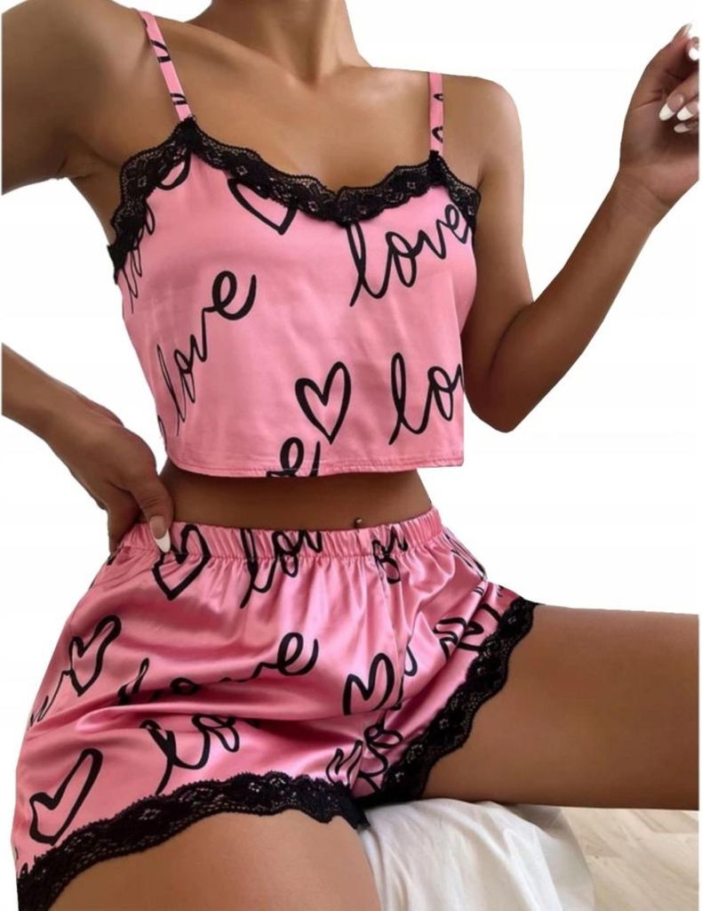 Satinpyjama - Damen - mit Spitze - Zweiteiliger Pyjama - Kurze Hose und Nachthemd - Einheitsgröße - Rosa