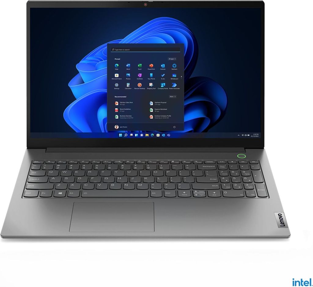 A gray Lenovo ThinkBook laptop is shown from a front-facing, slightly elevated angle against a white background.