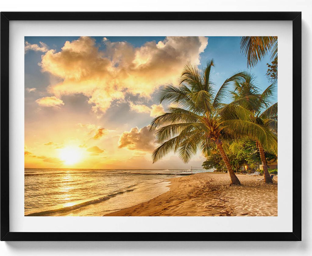 Palmenstrand und Meer bei Sonnenuntergang– Wandbild mit Produktbild 
