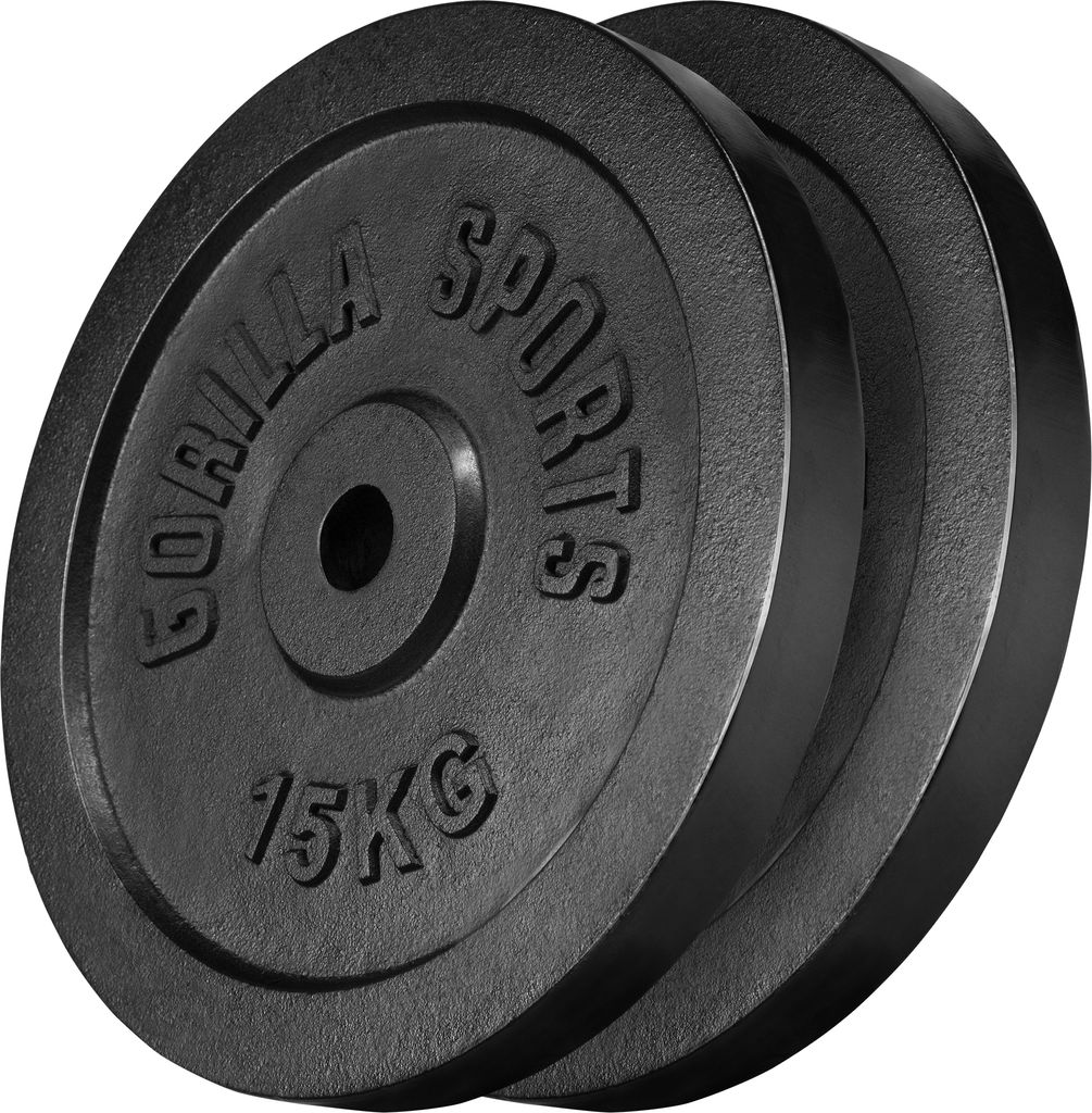 GORILLA SPORTS Hantelscheiben - 30 kg Set, 2 x 15 kg Gewichte, 30/31 mm, Gusseisen, Silber/Schwarz - Gewichtsscheiben, Bumper Plates