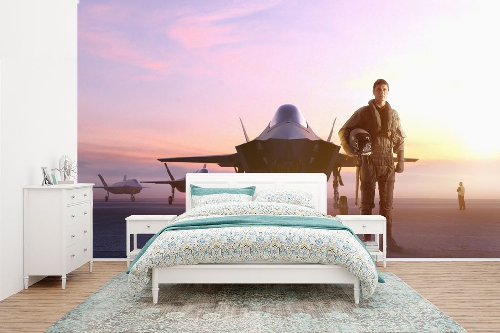 MuchoWow Fototapete für Wohnzimmer oder Schlafzimmer Wandtapete Vinyl Motivtapete Pilot steht neben seinem Jet - 400x240 cm - Gemustert
