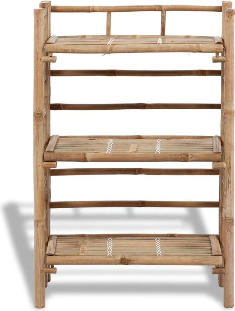 A three-tiered bamboo shelf unit is shown against a white background.