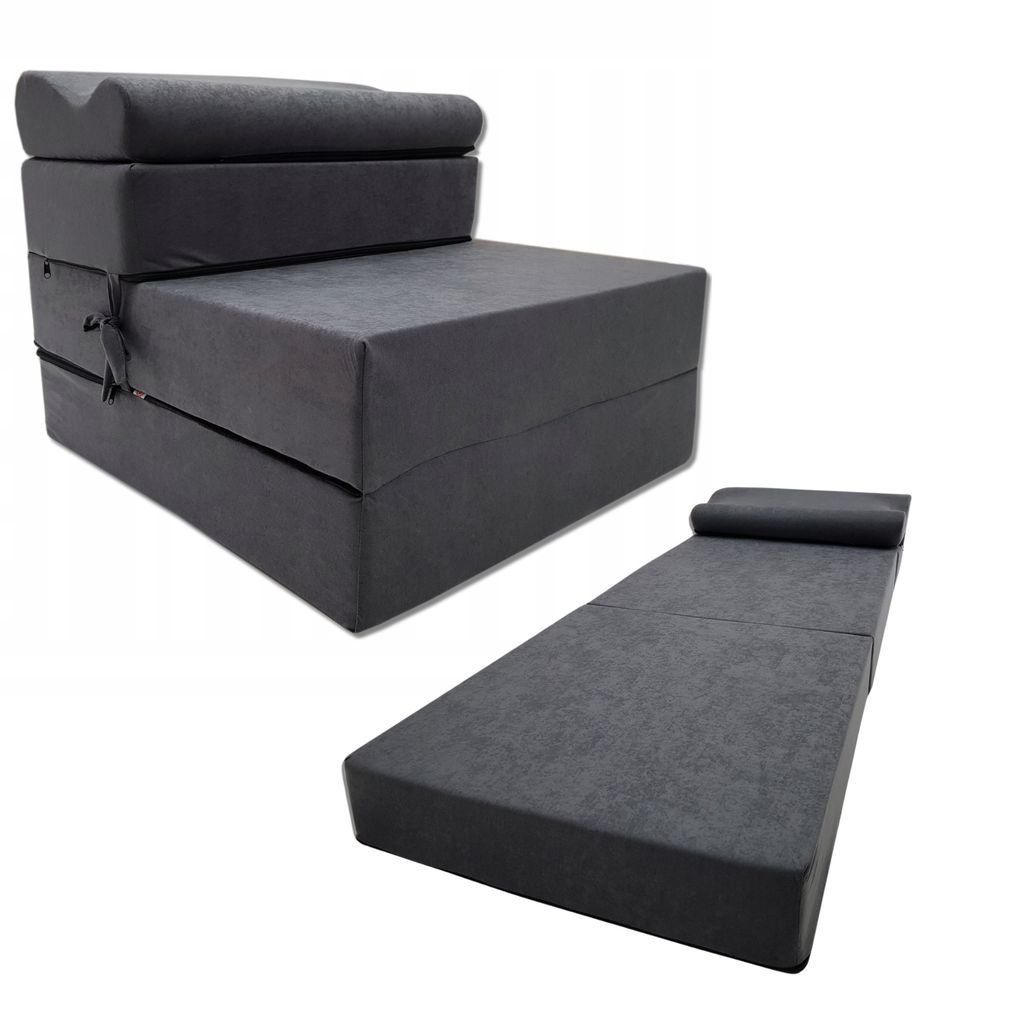 A foldable gray ottoman that can be converted into a bed or chaise lounge, shown in two different configurations against a white background.