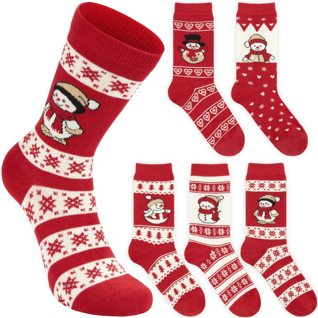 BRUBAKER Weihnachtssocken Set Damen 36-41 – Schneemann & Schneeflocken – Winter Baumwollsocken Rot Weiß
