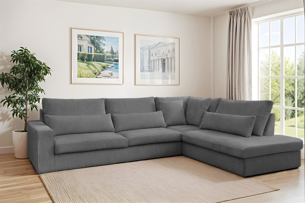 Ecksofa Designersofa THORA in Stoff Poso Grau Ottomane Rechts