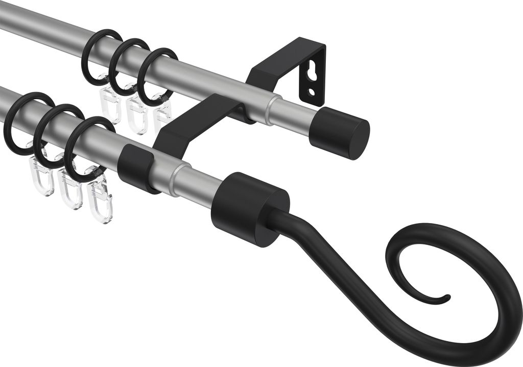 Interdeco Gardinenstange ausziehbar / Teleskop-Vorhangstange Silbergrau / Schwarz, Typ Hera Helix (Spirale), 16/13 mm Ø 2-läufig, 70-120 cm auszi...