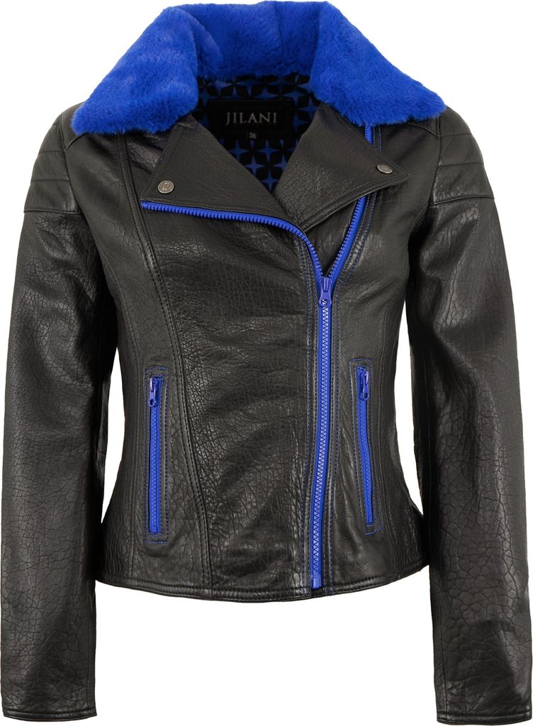 Jilani - Damen Lederjacke Bikerjacke Lammnappa schwarz / royalblau : 44