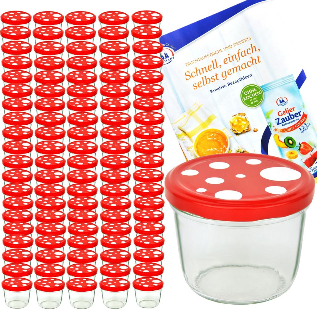 A stack of glass jars with red and white mushroom-shaped lids, along with a recipe booklet and a packet of jelly powder.