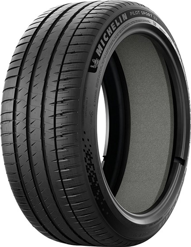 A close-up of a Michelin Pilot Sport tire against a white background.