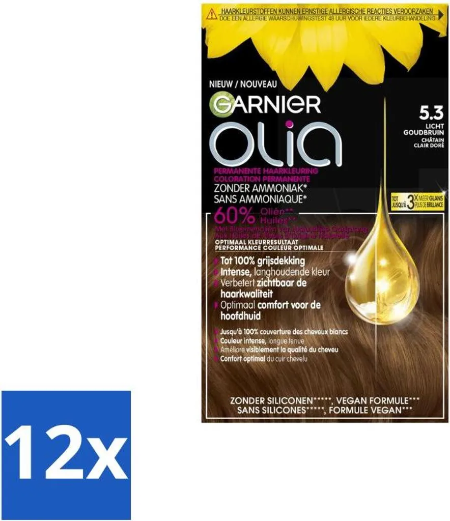 Garnier - Olia 5.3 - Colore per capelli - Castano chiaro dorato - Senza ammoniaca - 60 % di olio - Colore permanente - Value pack - 12 pezzi