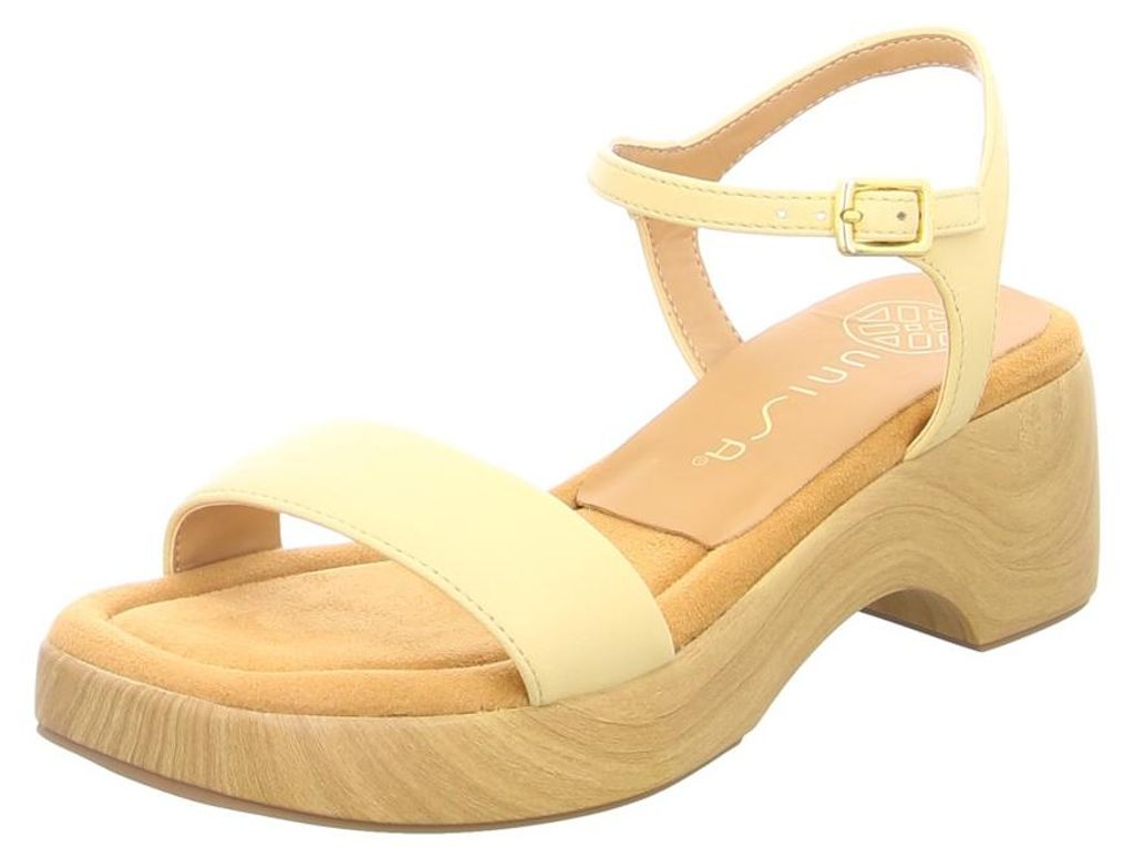 Unisa Damen Keilsandalen Beige mit zwei Riemen, Knöchelverschluss und Blockabsatz in Holzoptik