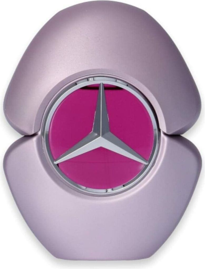 A close-up studio shot of a Mercedes Benz perfume bottle.