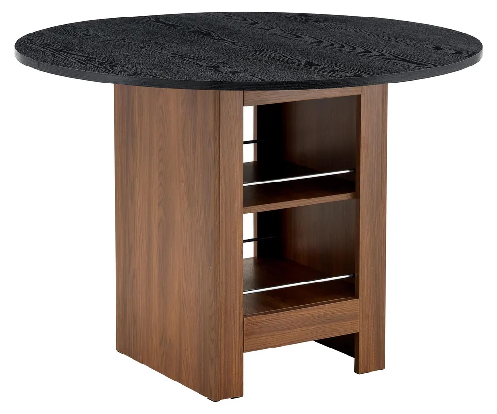Table ronde aspect noyer Ø 100 cm avec étagère, structure métal noir - 10