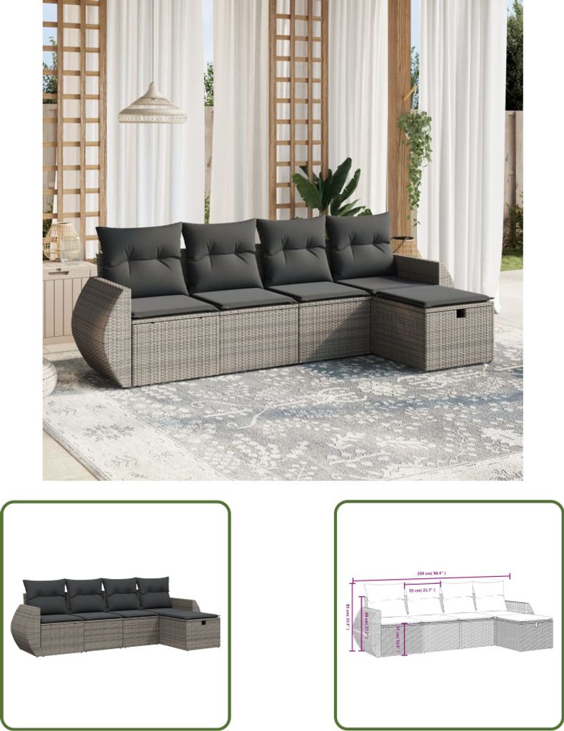 The Living Store 5-tlg. Garten-Sofagarnitur mit Kissen Grau Poly Rattan