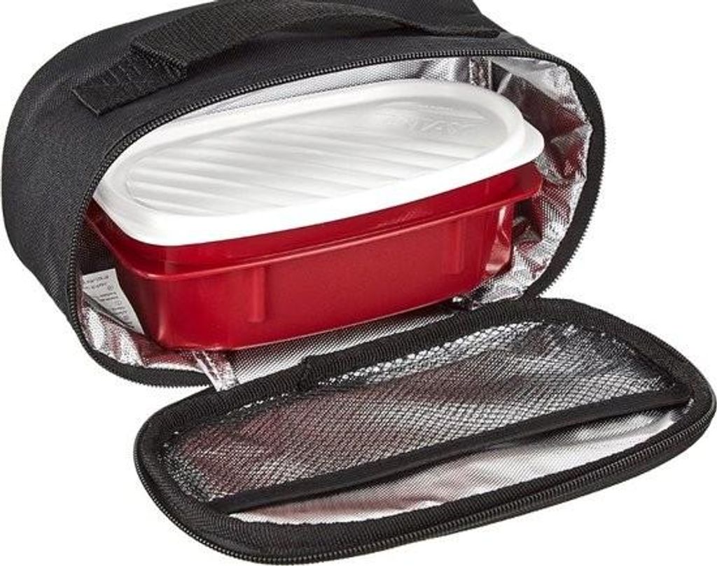 Kleine Mini-Kühltasche, 1,5 l Fassungsvermögen, mit einem 0,5-l-Lebensmittelbehälter, BPA-frei, schwarz. Maße: 21,5 x 9 x 12 cm