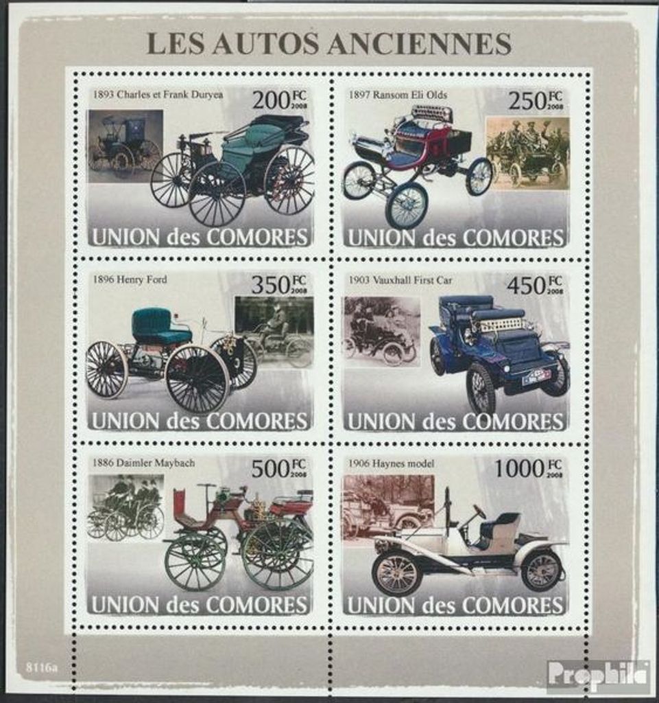 Briefmarken Komoren 2008 Mi 1825-1830 Kleinbogen (kompl. Ausg.) postfrisch Erste Autos