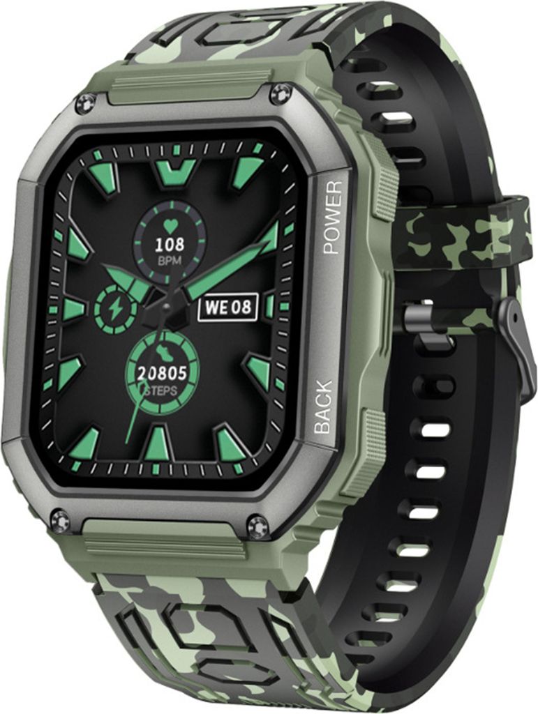 KR06 Smart Watch Outdoor 1.8IPS Herzfrequenzmesser Sport Fitness Smart Armbanduhr, Camouflage Grün