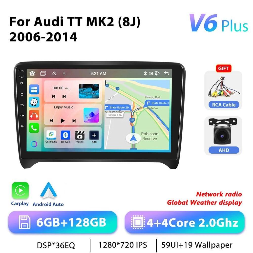 Audi TT 8J 2006–2014 - 2-DIN Android 13 Autoradio - 23 cm Touchscreen - 6+128 GB - 2,0 GHz - AHD Kameraeingang - 2x USB