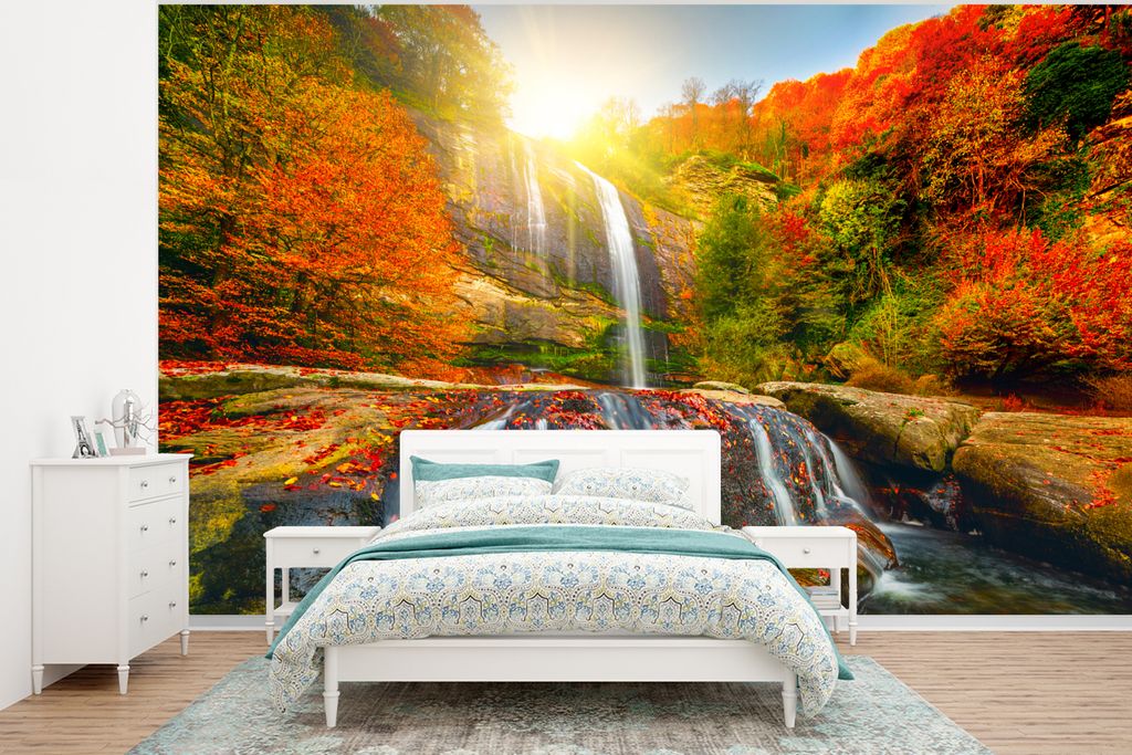 MuchoWow Fototapete für Wohnzimmer oder Schlafzimmer Wandtapete Vinyl Motivtapete Wasserfall - Natur - Herbst - Rot - Wasser - 375x280 cm - Schl...