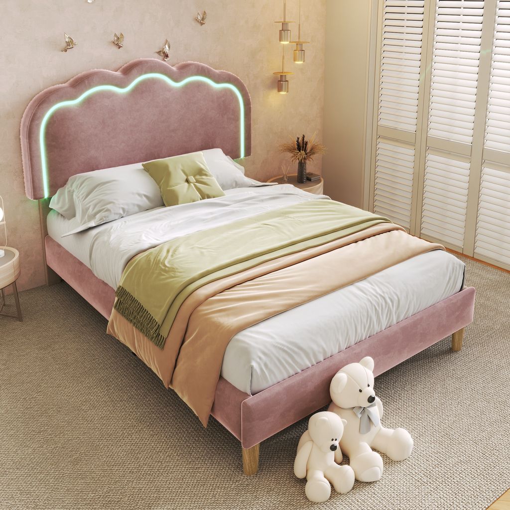 Flieks Polsterbett 90x200cm mit Lattenrost, Jugendbett Kinderbett mit Lattenrost, Einzelbett Holzbett Klassisches Bett mit Verstellbarem Kopfteil Samt