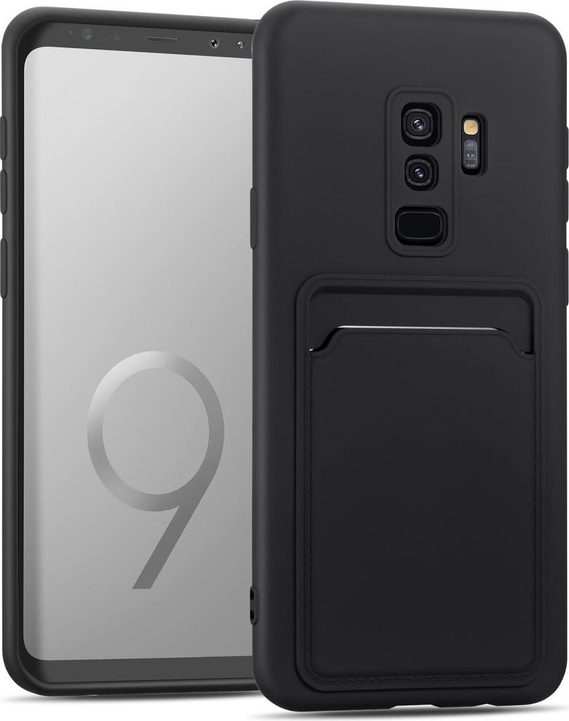 A black phone case with a card slot is shown next to a smartphone.