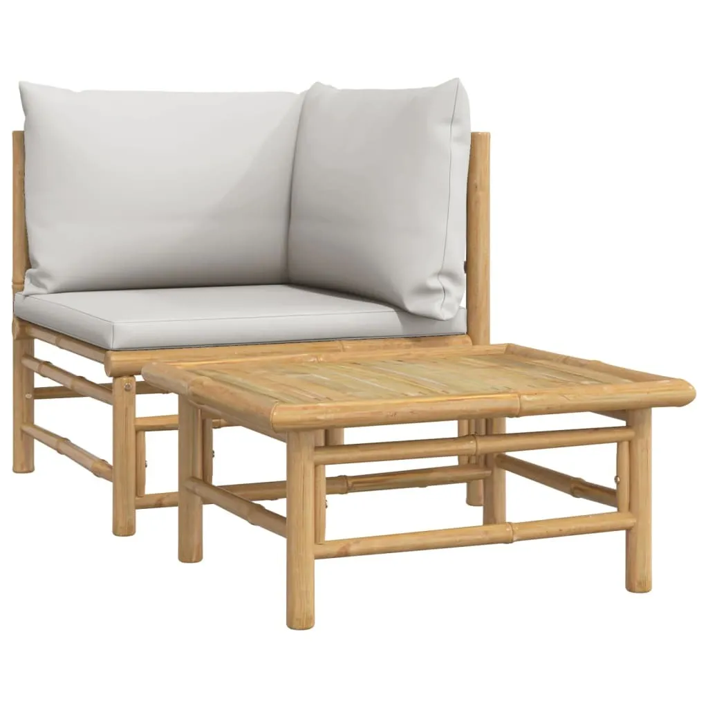 Salon de jardin bambou durable avec coussins gris clair déhoussables