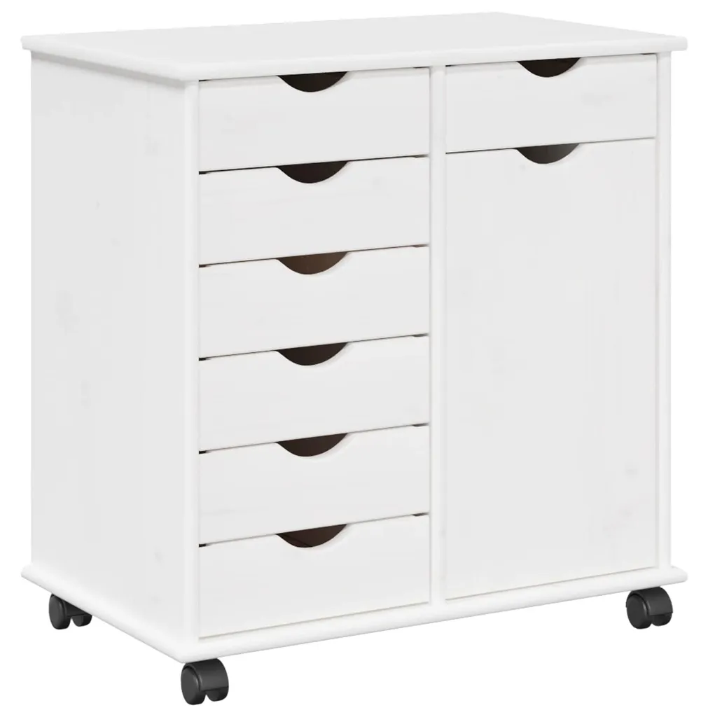 Caisson à roulettes pin massif blanc, rangement bureau compact 65cm