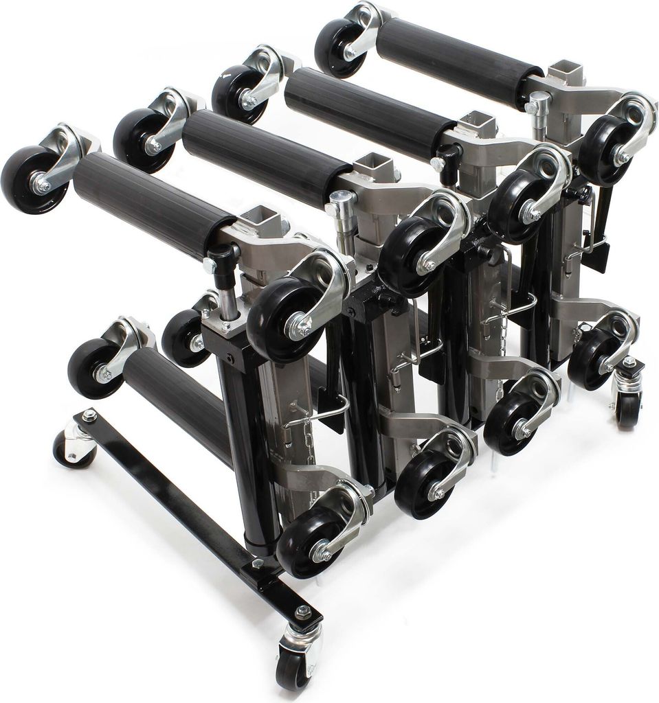 Wiltec Set Aufbewahrung für 4x Pkw Rangierhilfe und 4x Wagenheber, Rack Rollbar, Rangierheber hydraulisch je 680kg Tragkraft bis 30cm Reifenbreite