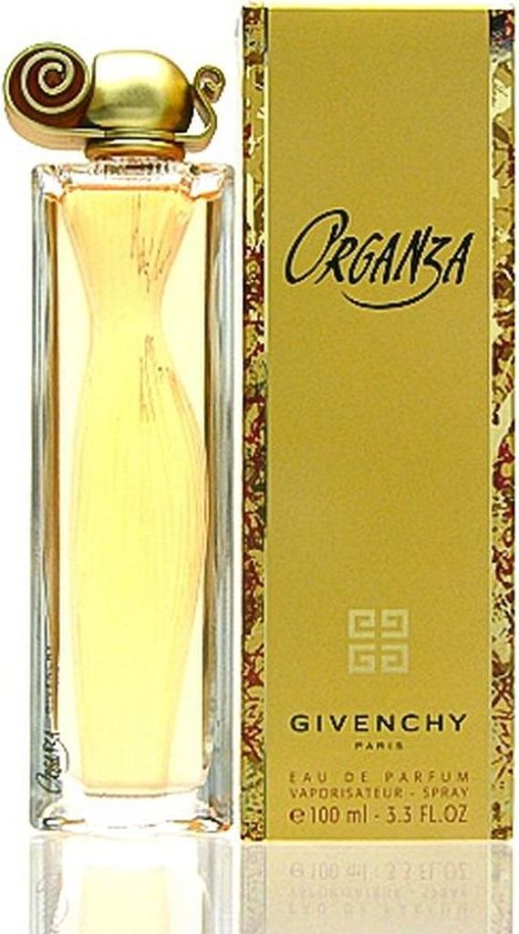 A bottle of Givenchy Organza perfume and its packaging are displayed against a white background.