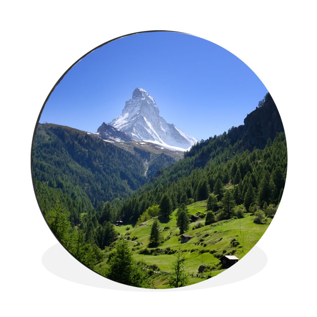 MuchoWow Aluminium Wandkreis Schweizer Alpen im Matterhorn mit grünen Bäumen Ø 60 cm Wanddeko Modern Wohnzimmer - Wand Kreis - Wandbild - Schl...