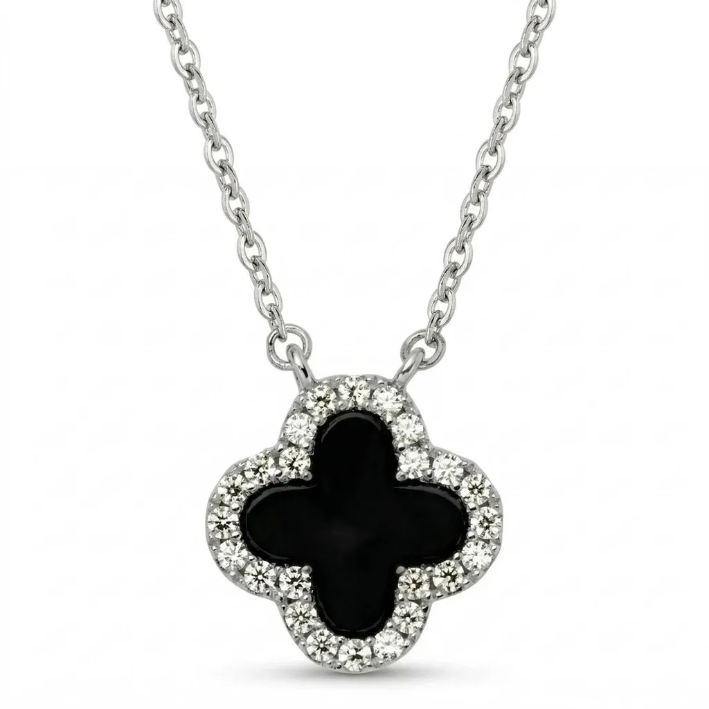 Collier Clover couleur argent et noir - Bijou trèfle élégant pour femme