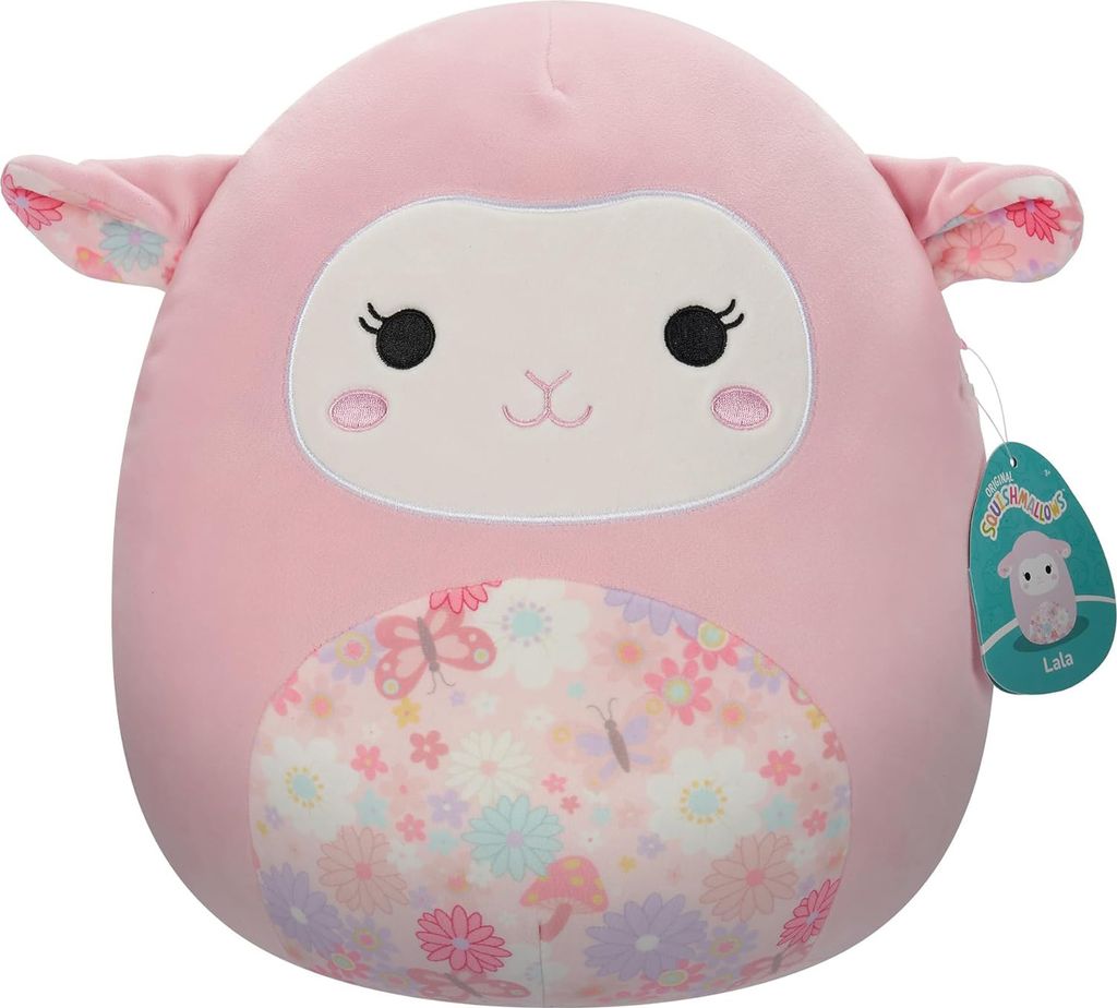 A pink plush lamb toy named Lala with floral accents on its ears and belly, shown against a white background with a product tag attached.