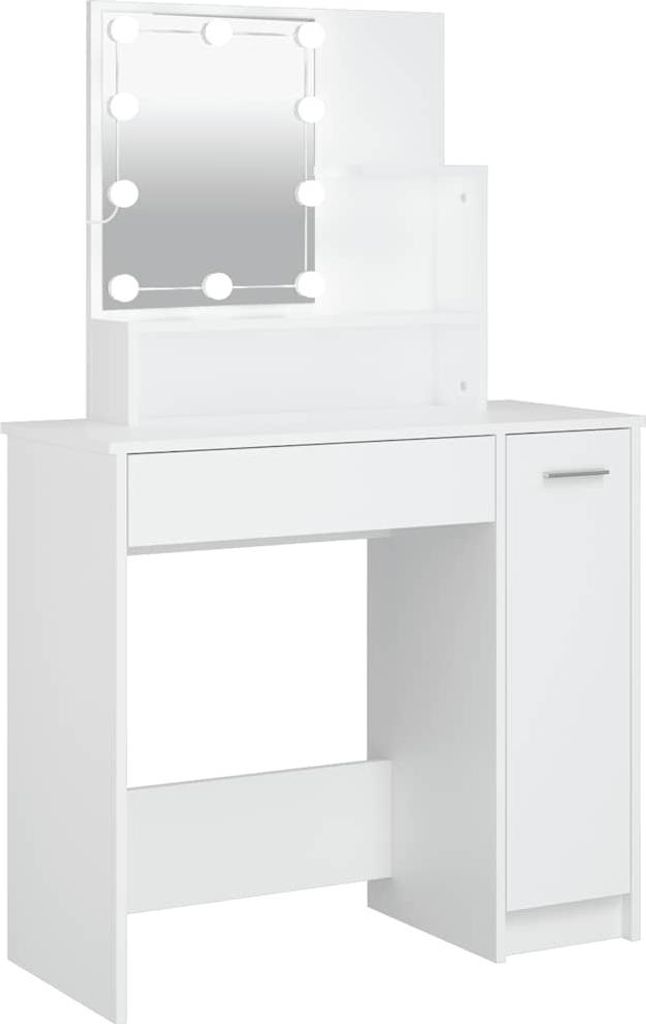 A white vanity table with a lighted mirror and storage cabinet.