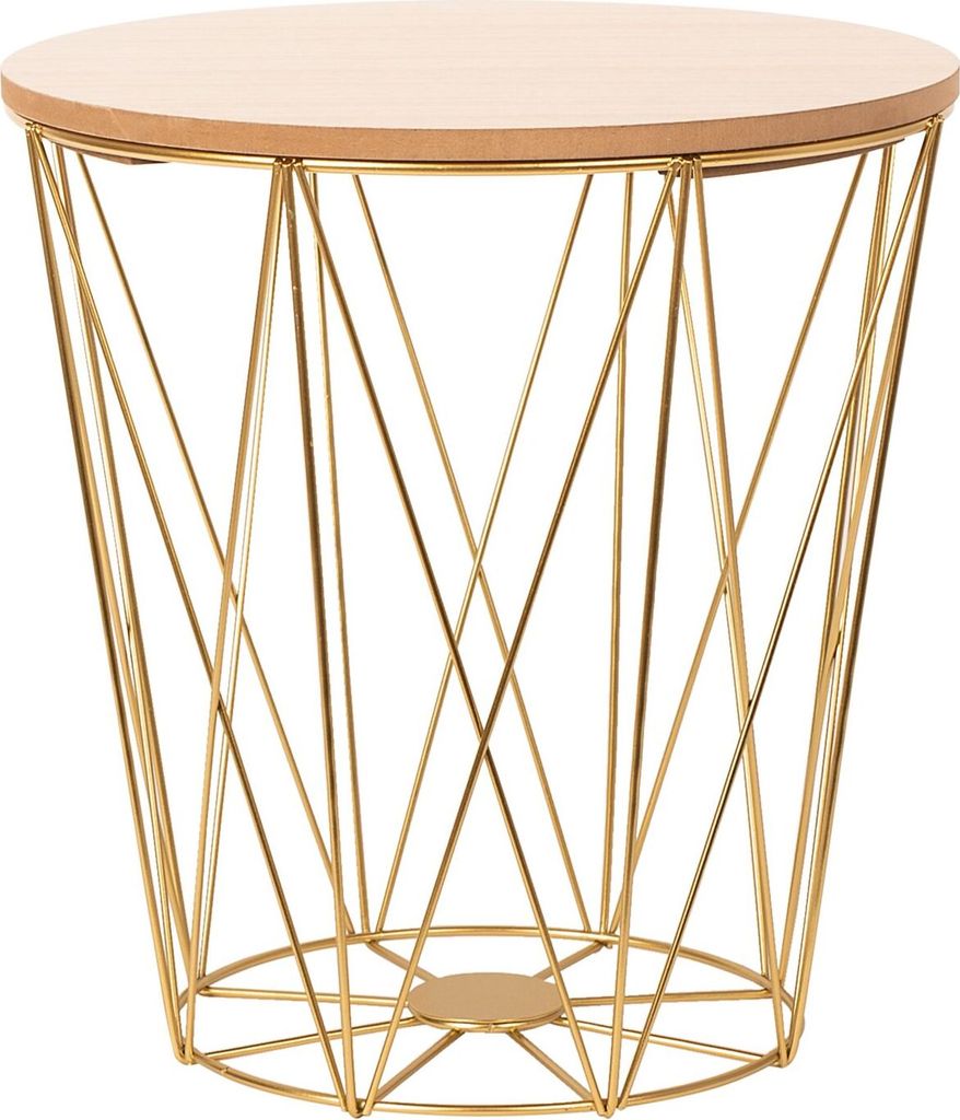 A gold wire side table with a wooden top.