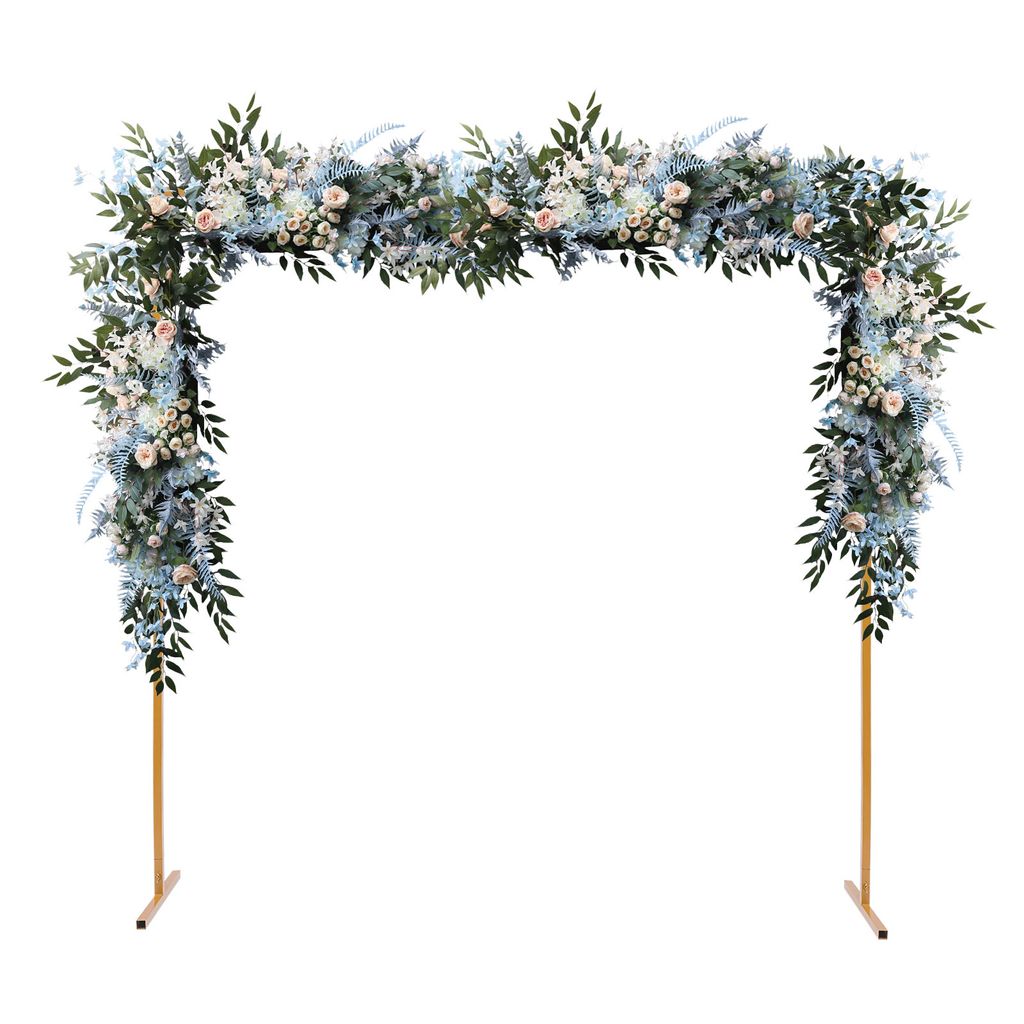 A floral arch decoration for a wedding, set against a white background.