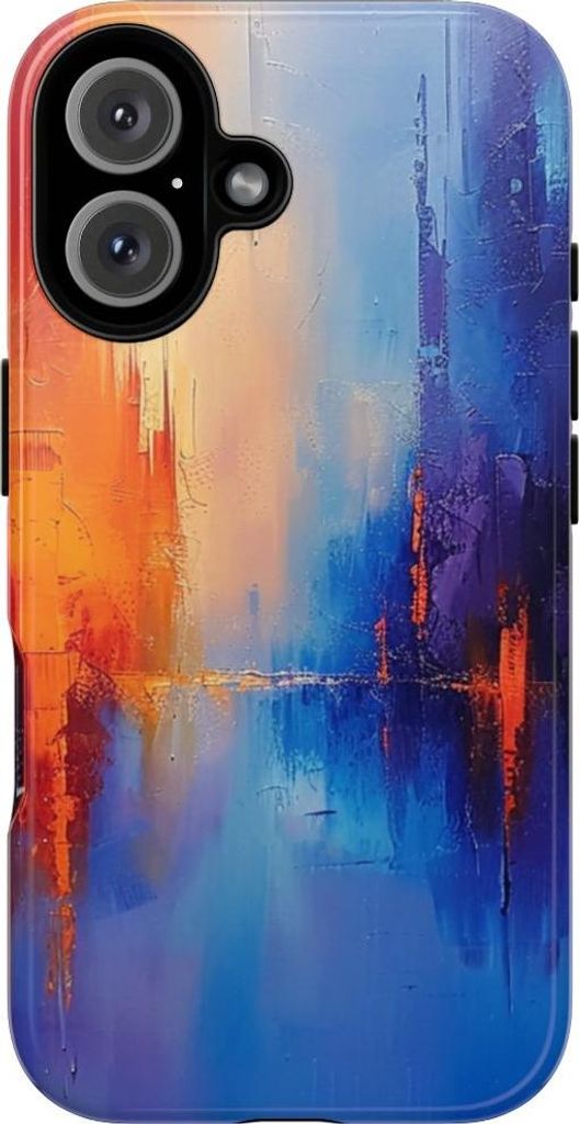 Lebendige abstrakte Stadtansicht in Blau und Orange – Hülle Kompatibel mit iPhone 16