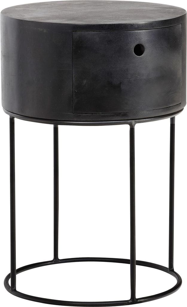 Nachttisch rund mit Schublade Mango Massivholz | Beistelltisch Schwarz für Schlafzimmer | Metallgestell | 40x40x60 cm | Modern | Vormontiert