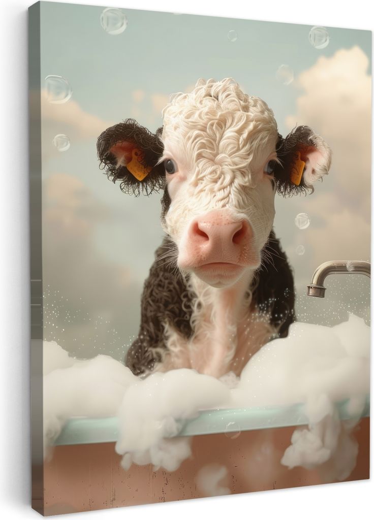 MuchoWow - Leinwandbilder - Kalb - Kuh - Bad - Tiere, Wandbild, Wanddeko Bilder Wohnzimmer, 60x80 cm