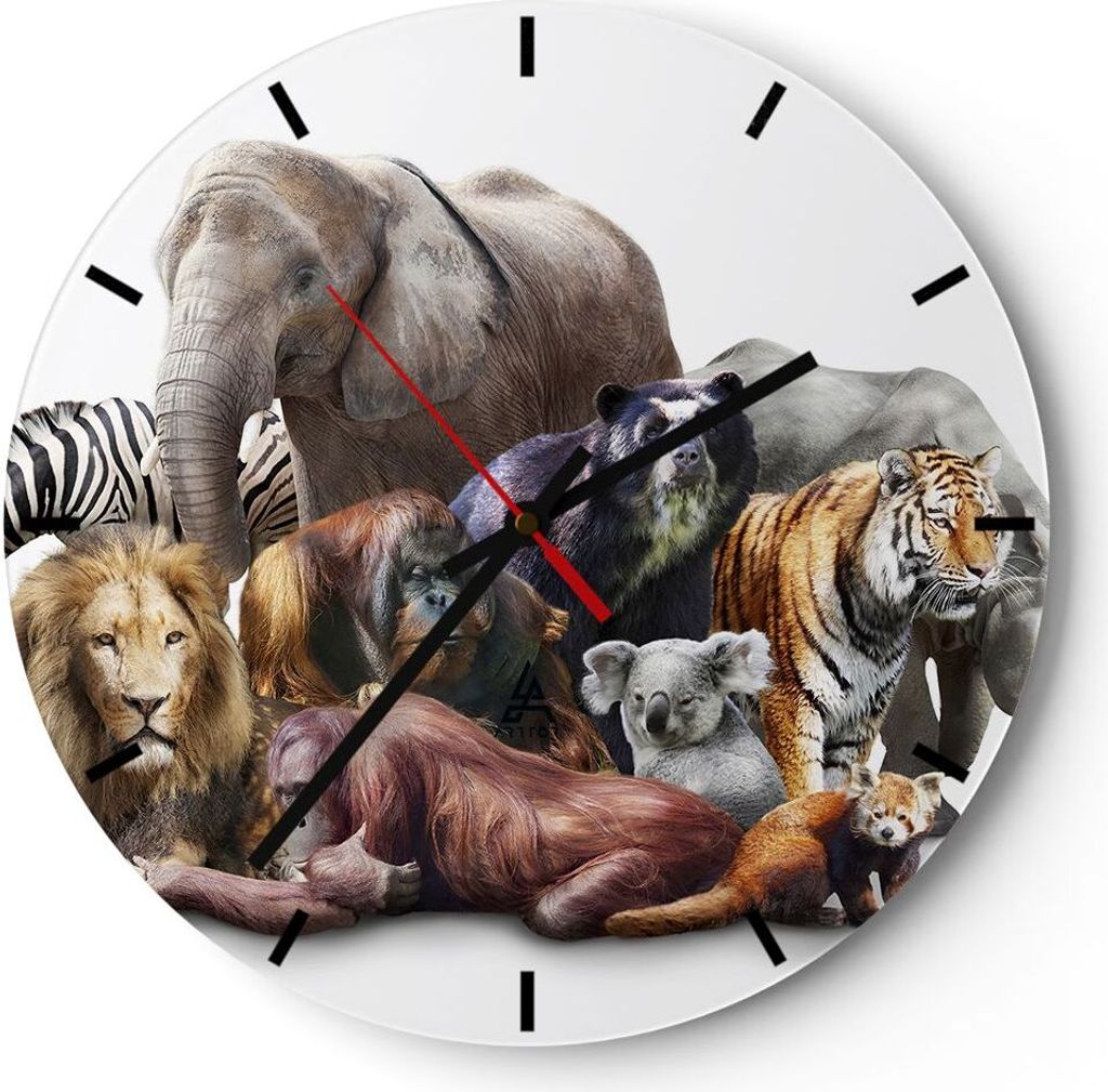 Wanduhr - Rund - Glasuhr - Tiere Koala Löwe Affe - 30x30cm - Schleichendes Uhrwerk - Lautlos - zum Aufhängen bereit - Dekoration Modern - Wanddek...