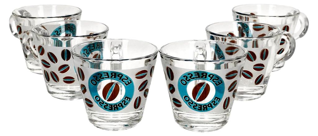 6er Set Glas-Espressotasse mit Henkel in Blau, 60 ml, Milchglas-Optik mit Espressobohnen-Dekor und Aufschrift, geeignet für Lungo, Americano, Rist...