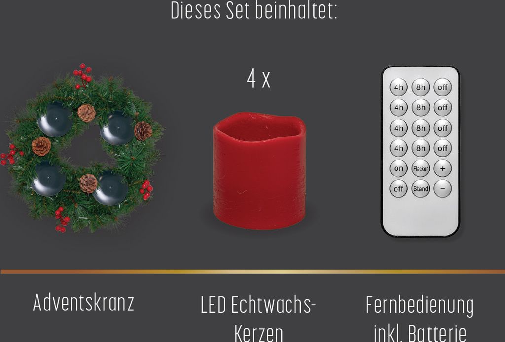 Künstlicher Adventskranz Ø 45 cm mit 4 LED Kerzen aus Produktbild 3
