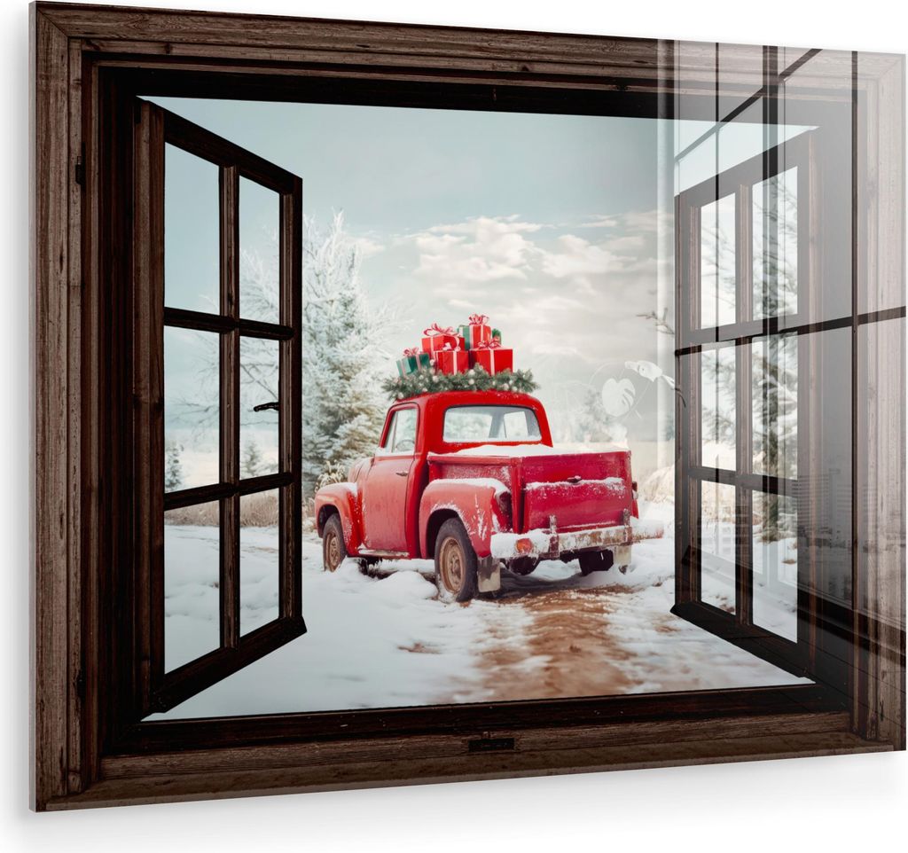 MuchoWow Glasbilder - Bilder auf Wandbild - Foto auf Glas Durchsichtig - Auto - Rot - Geschenke - Winterlandschaft - Weihnachten 40x30 cm Wanddekor...