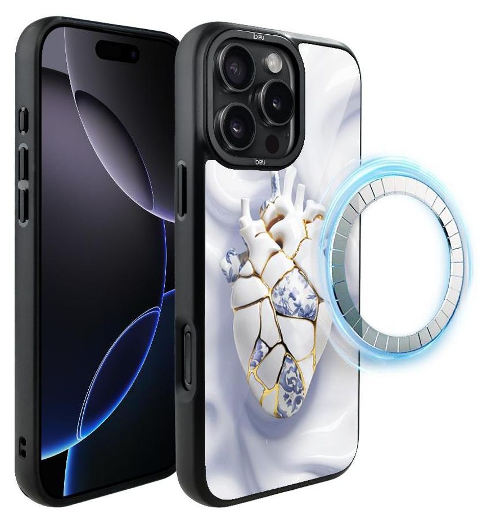 Schutzhülle für das iPhone 16 Pro Max, MagSafe-kompatibel, mattschwarze Seiten, ein menschliches Herz, weißes Porzellan