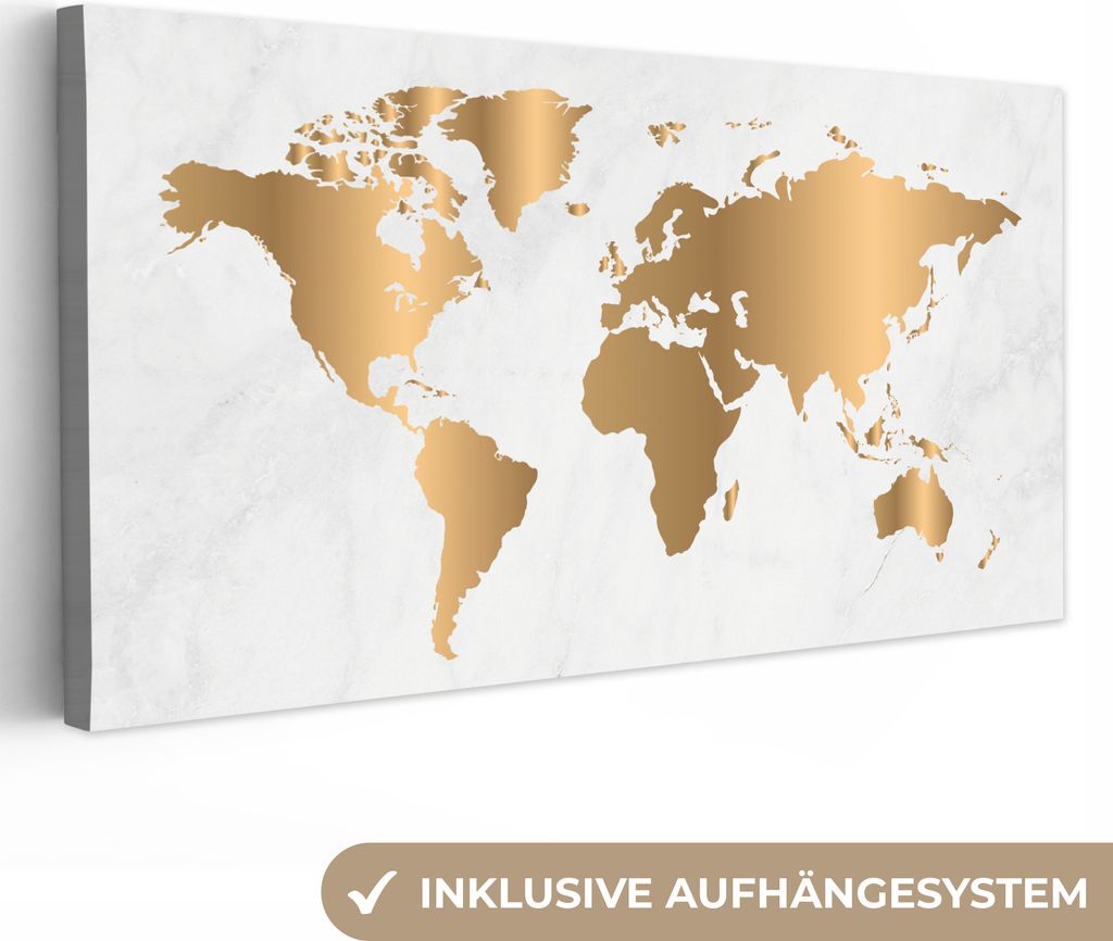 MuchoWow - Leinwandbilder - Weltkarte - Gold - Marmoroptik - Luxus - Design, Wandbild, Wanddeko Bilder Wohnzimmer, 80x40 cm