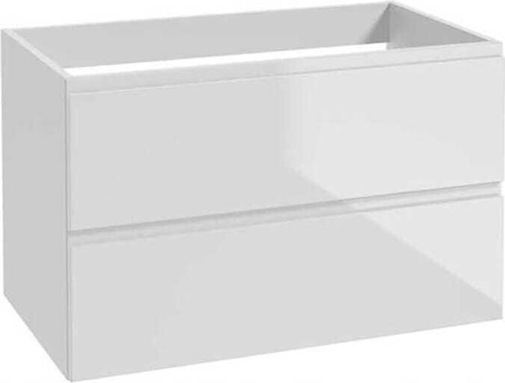 A white, two-drawer vanity cabinet designed to be mounted under a sink.
