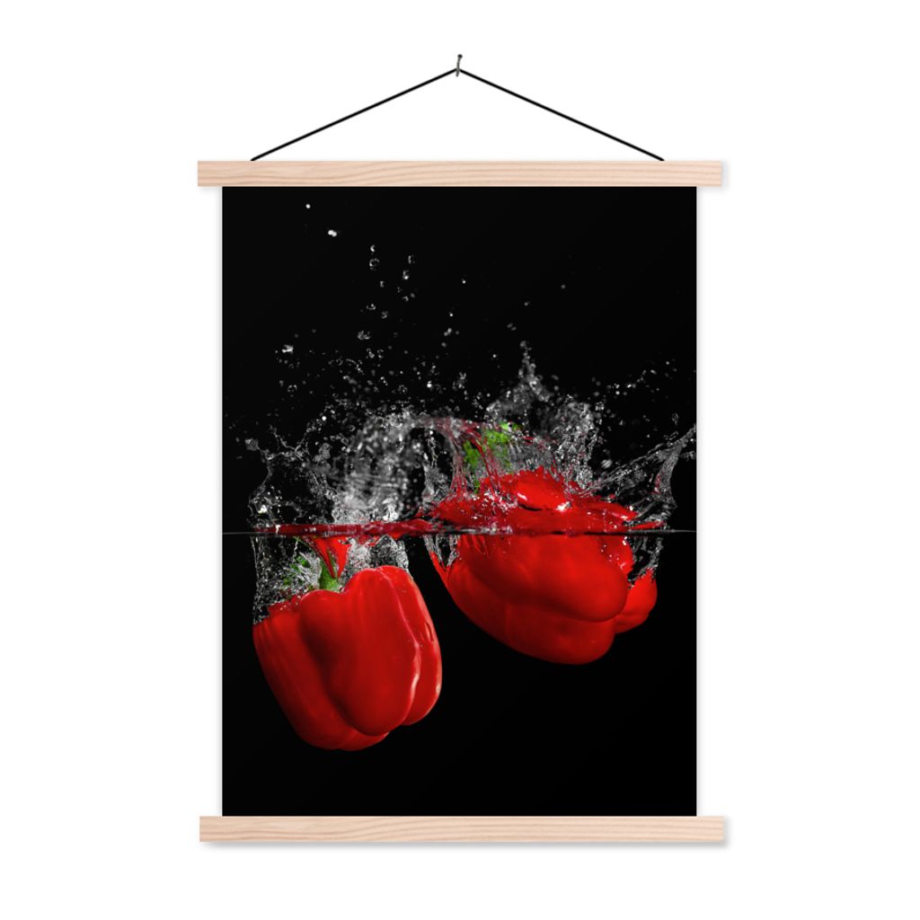 MuchoWow Textilposter Paprika - Gemüse - Stilleben - Wasser - Rot 60x80 cm mit holzfarbenen Rahmen - Wandbild