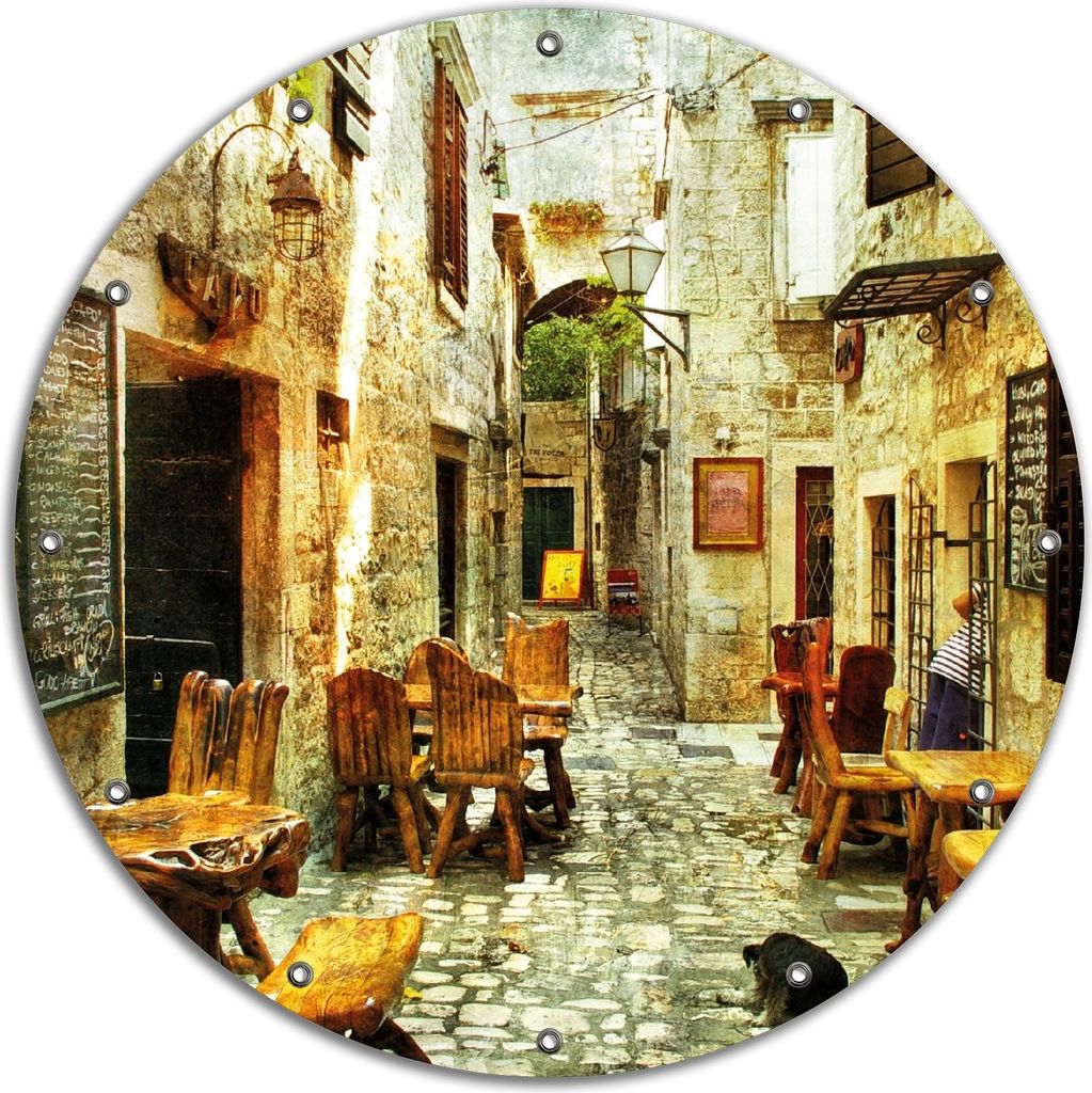 Wallario rundes Outdoor-Poster für Garten oder Balkon, Motiv Italienische kleine Gasse, 90 cm Durchmesser