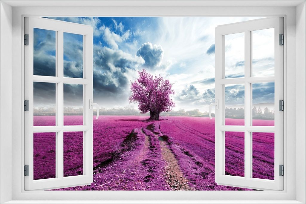 Wallario selbstklebendes Poster mit Fenster-Illusion - Surreales Blumenfeld lila Blumen auf dem Feld, Größe: 100 x 150 cm