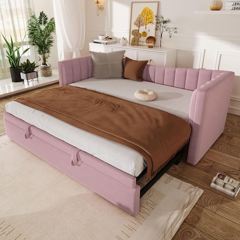 Merax Tagesbett Daybett 90x200 cm (180x200 cm), Polsterbett mit Ausziehbett, Schlafsofa, Doppelbett, Kinderbett, Samt, Rosa